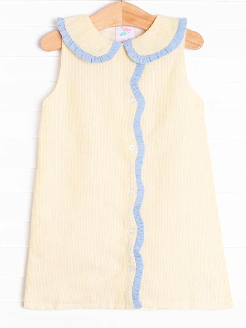 Yellow Ruffle-Trim Sleeveless Dress with Blue Accents - Kids